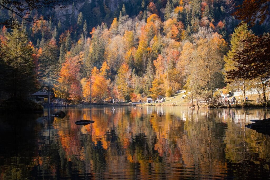 Malerische Spiegelung von Personen und Bäumen auf der Wasseroberfläche eines klaren Sees in Kandergrund, Berner Oberland.
