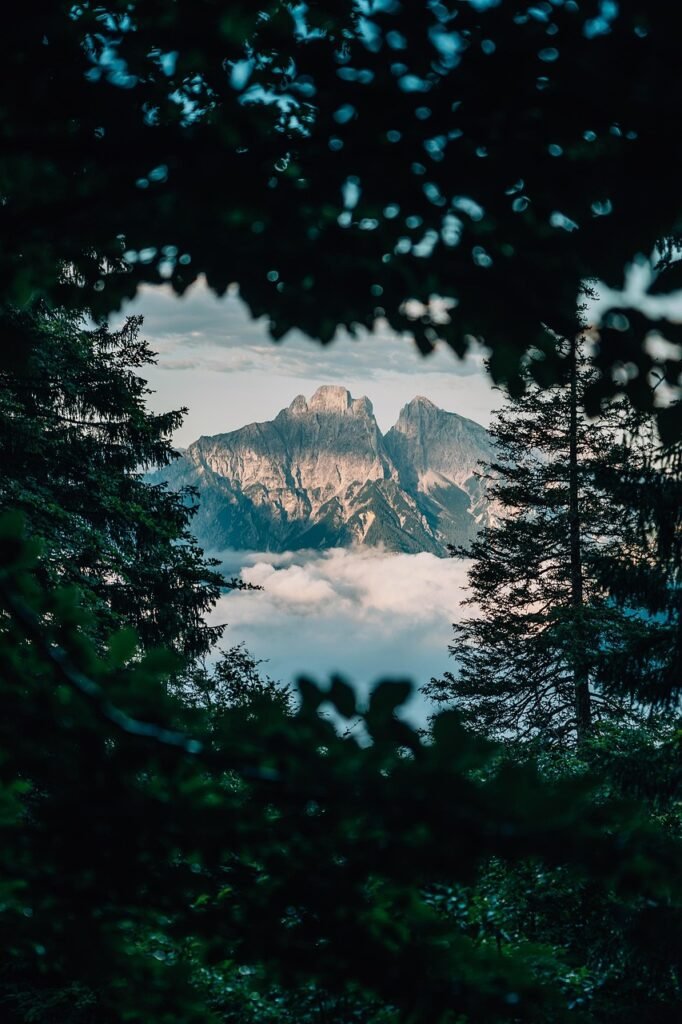 Majestätische Berggipfel im Nationalpark Gesäuse, Österreich, fotografiert durch eine natürliche Einrahmung von Blättern.